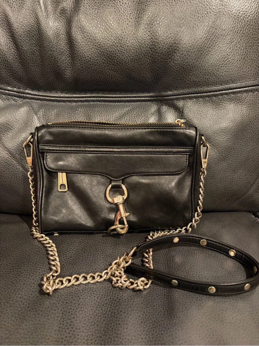 Rebecca Minkoff Black Leather Chain Strap Crossbody with Gold Hardware